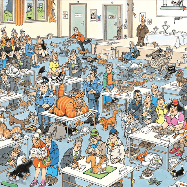 Dit is een foto van het spel De Kattenshow  -Jan van Haasteren te koop bij Speldorado Spellenwinkel Delft