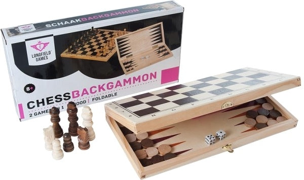 Dit is een foto van het spel Engelhart Games -Schaak/backgammon opklapbaar - hoogte koning 60 mm te koop bij Speldorado Spellenwinkel Delft