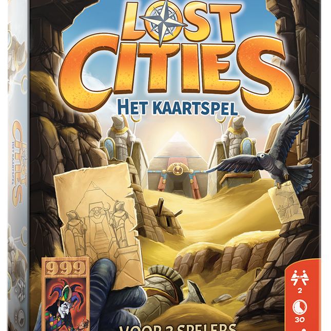 Kaarten uit Lost Cities met investering‑(handshake)‑kaarten zichtbaar – verhoog je score via slimme multipliers.