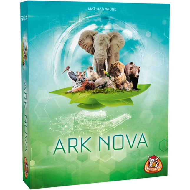 Speldoos van Ark Nova, een complex strategisch bordspel waarin spelers hun eigen wetenschappelijk beheerde dierentuin opbouwen.