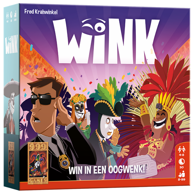 "Spelers genieten van 999 Games Wink", "Wink spelbord en spelkaarten".