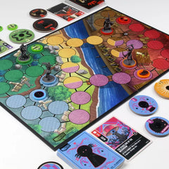 Unmatched bordspel met speelbord, miniaturen en kaartdecks uit uitbreidingen zoals Battle of Legends en Marvel