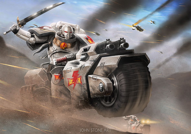 White Scars Warhammer 40K Space Marines met Kor'sarro Khan, Outriders en White Scars upgrades bij Speldorado