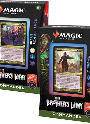 Dit is een foto van het spel Commander Deck The Brothers' War - Mishra's Burnished Banner/Urza Iron Alliance te koop bij Speldorado Spellenwinkel Delft