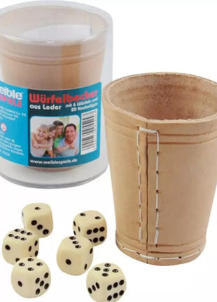 Dobbelen  Leder-Würfelbecher natur 9 cm + 6 Würfel - Kunststof - uitvoering