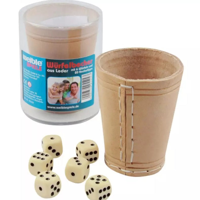 Leder-Würfelbecher natur 9 cm + 6 Würfel