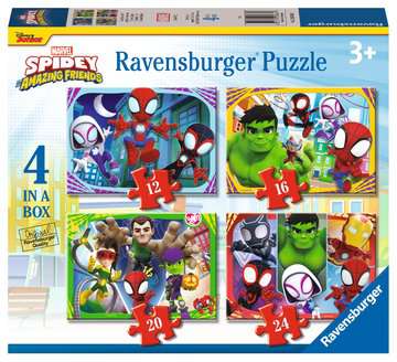 Dit is een foto van het spel Spidey and his Amazing Friends - 4 Puzzels 12+16+20+24 stukjes te koop bij Speldorado Spellenwinkel Delft