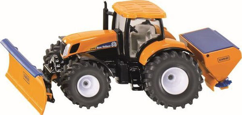 Traktor met bulldozer en strooier