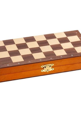 Magnetisch schaakspel in een houten kist met scharnieren.
