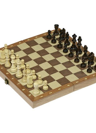Schaakspel in een houten koffer met scharnieren. klein