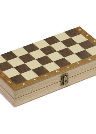 Schaakspel in een houten koffer met scharnieren. klein