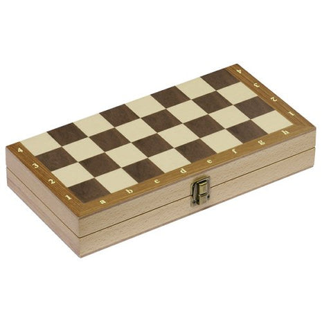 Schaakspel in een houten koffer met scharnieren. klein