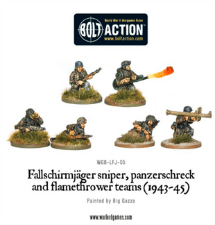 Dit is een foto van het spel Fallschirmjager sniper, panzerschreck and flamethrower teams (1943-45) - En - Bolt Action te koop bij Speldorado Spellenwinkel Delft