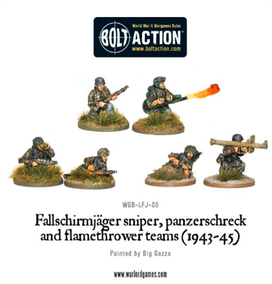 Dit is een foto van het spel Fallschirmjager sniper, panzerschreck and flamethrower teams (1943-45) - En - Bolt Action te koop bij Speldorado Spellenwinkel Delft
