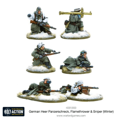 Dit is een foto van het spel German Heer Panzerschreck, Flamethrower & Sniper teams (Winter) - En - Bolt Action te koop bij Speldorado Spellenwinkel Delft