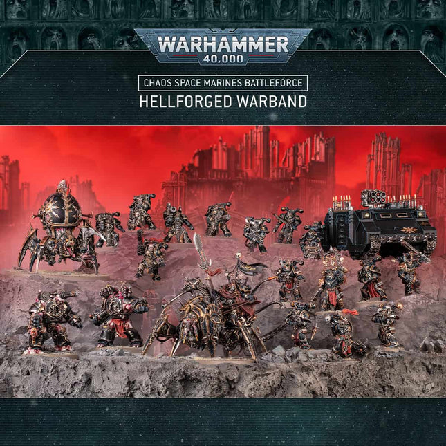 Dit is een afbeelding van het miniatuur Chaos Space Marines: Hellforged Warband voor het spel Warhammer, te koop bij Tabletop Miniature Wargames spellenwinkel Speldorado in delft