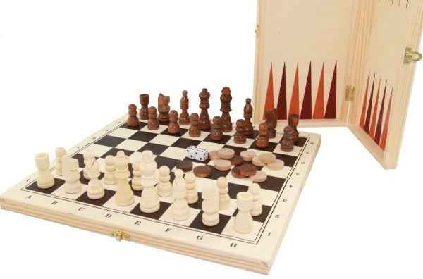 Dit is een foto van het spel Engelhart Games -Schaak/backgammon opklapbaar - hoogte koning 60 mm te koop bij Speldorado Spellenwinkel Delft