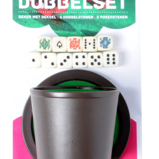 Pokerbeker met Deksel, 5 Pokerdobbelstenen en D6 Dobbelsteen Set (6 stuks)