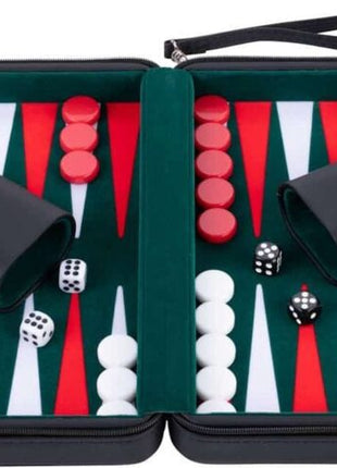 Backgammon 9''. zwarte zipper. groen/ rood/ wit