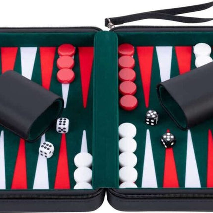 Backgammon 9''. zwarte zipper. groen/ rood/ wit