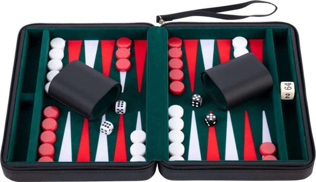 Backgammon 9''. zwarte zipper. groen/ rood/ wit