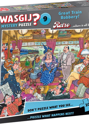 Dit is een foto van het spel Wasgij Retro Mystery 9 - De Grote Treinroof! (1000) te koop bij Speldorado Spellenwinkel Delft