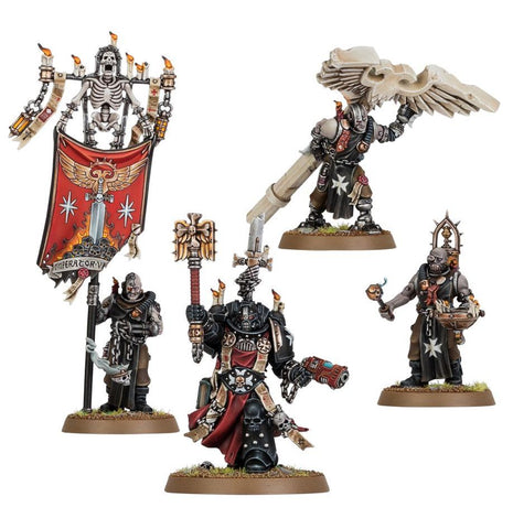 Dit is een afbeelding van het miniatuur Grimaldus & Retinue - Black Templars voor het spel Warhammer, te koop bij Tabletop Miniature Wargames spellenwinkel Speldorado in delft