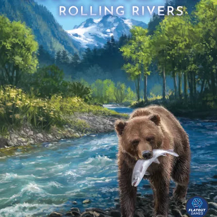 "Afbeelding van het bordspel Cascadia - Rolling Rivers, te koop bij Speldorado. Het spel heeft een natuurthema met rivieren, dieren en kleurrijke tegels."