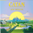 Speldoos van Catan: Nieuwe Energie, met moderne illustratie van duurzame energie en Catan-eiland.