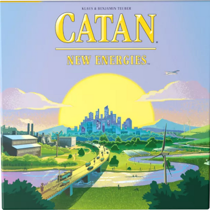 Speldoos van Catan: Nieuwe Energie, met moderne illustratie van duurzame energie en Catan-eiland.
