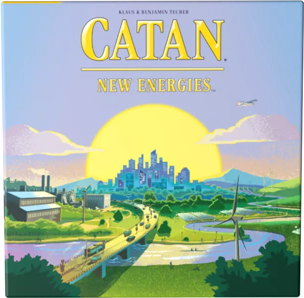 Speldoos van Catan: Nieuwe Energie, met moderne illustratie van duurzame energie en Catan-eiland.