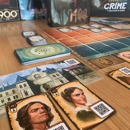 Dit is een foto van de kaarten van het spel Chronicles of Crime 1400 - EN