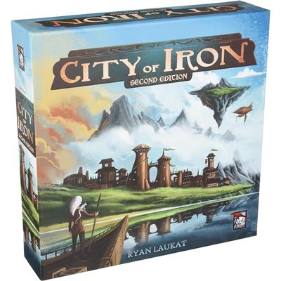 Overzicht van het City of Iron kaartspel op tafel met kleurrijke steden en kaarten