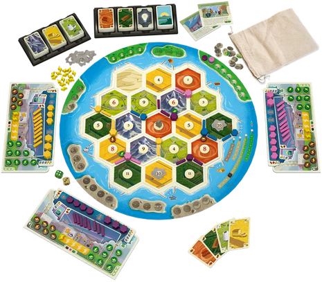 Speeltafel met energiecentrales, science‑kaarten, vervuilingsmeter en eventfiches in Catan: Nieuwe Energie.