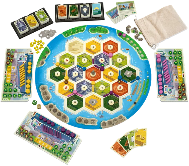 Speeltafel met energiecentrales, science‑kaarten, vervuilingsmeter en eventfiches in Catan: Nieuwe Energie.