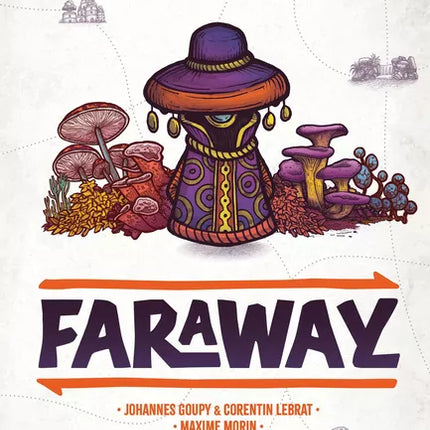 Afbeelding van het bordspel Faraway, te koop bij Speldorado. Het spel bevat avontuurlijke thema's met kleurrijke landschappen en uitdagende missies.