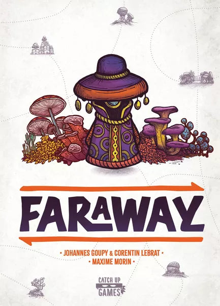 Afbeelding van het bordspel Faraway, te koop bij Speldorado. Het spel bevat avontuurlijke thema's met kleurrijke landschappen en uitdagende missies.