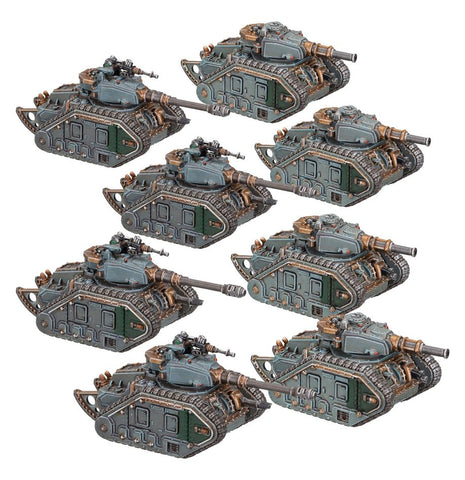 Dit is een afbeelding van het miniatuur Leman Russ Strike Squadron - Solar Auxilia voor het spel Warhammer, te koop bij Tabletop Miniature Wargames spellenwinkel Speldorado in delft