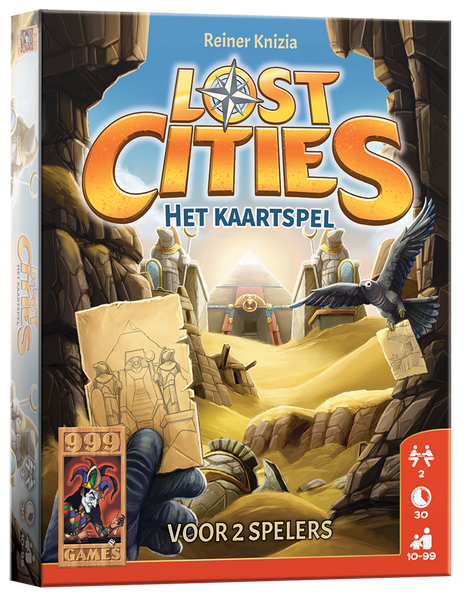 Kaarten uit Lost Cities met investering‑(handshake)‑kaarten zichtbaar – verhoog je score via slimme multipliers.