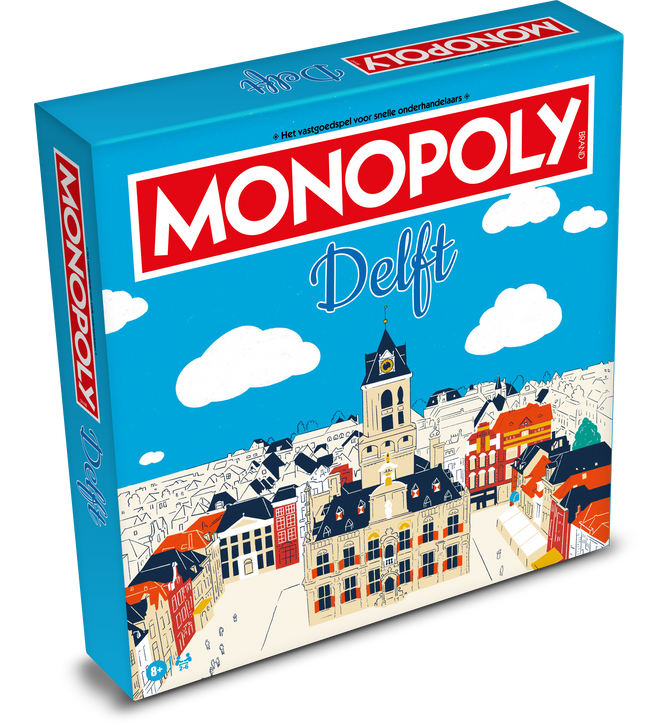 Bordspel Monopoly Delft met unieke Delftse locaties en pionnen.