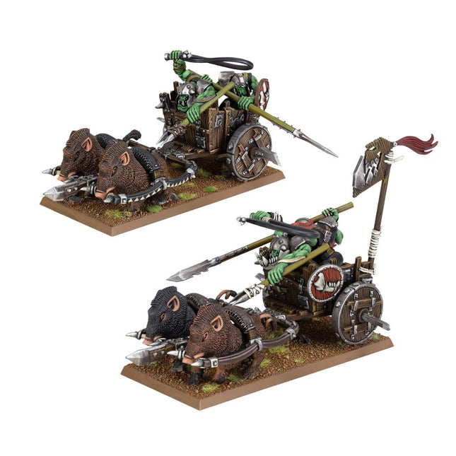 Dit is een foto van het spel Orc Boar Chariots - Orc & Goblin Tribes te koop bij Speldorado Spellenwinkel Delft