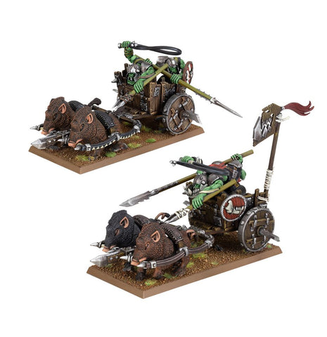 Dit is een afbeelding van het miniatuur Orc Boar Chariots - Orc & Goblin Tribes voor het spel Warhammer, te koop bij Tabletop Miniature Wargames spellenwinkel Speldorado in delft