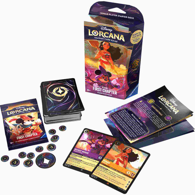 Dit is een foto van het spel The First Chapter Starterdeck: Moana & Sorcerer Mickey (incl booster)-Disney Lorcana TCG te koop bij Speldorado Spellenwinkel Delft