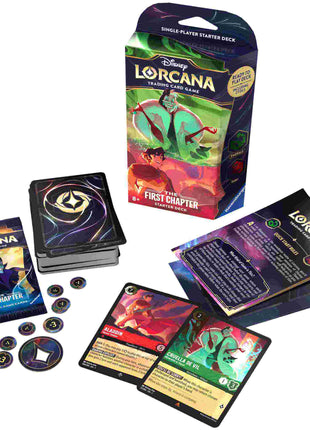 Dit is een foto van het spel The First Chapter Starterdeck: Cruella De Vil & Aladdin (incl booster) -Disney Lorcana TCG te koop bij Speldorado Spellenwinkel Delft