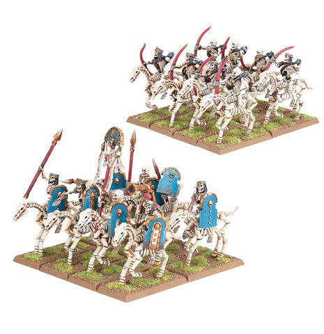 Dit is een afbeelding van het miniatuur Skeleton Horsemen - Tomb Kings of Khemri voor het spel Warhammer, te koop bij Tabletop Miniature Wargames spellenwinkel Speldorado in delft