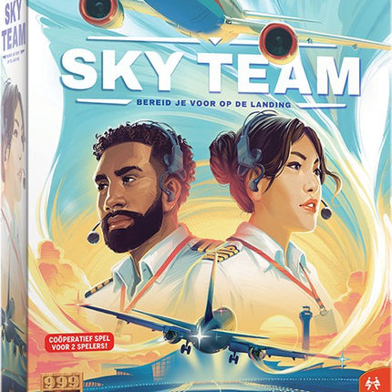 Speldoos van Sky Team, een coöperatief dobbelplaats-spel over vliegtuigen, stiltecommunicatie en spannende scenario’s.