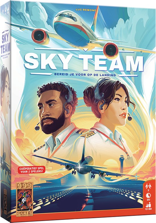 Speldoos van Sky Team, een coöperatief dobbelplaats-spel over vliegtuigen, stiltecommunicatie en spannende scenario’s.