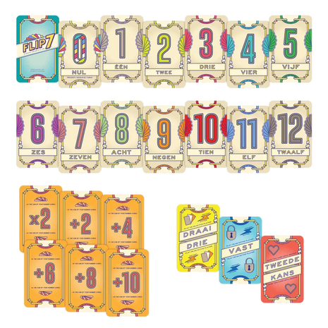 Speler trekt unieke Flip 7 nummerkaarten en probeert dubbels te vermijden in dit spannende kaartspel.