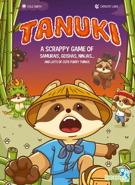 Afbeelding van het bordspel Tanuki, te koop bij Speldorado. Het spel heeft een Japans thema met schattige tanuki-figuren en kleurrijke kaarten