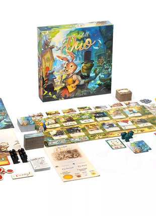Speler plaatst workers in Everdell Duo om hout, bessen en hars te verzamelen